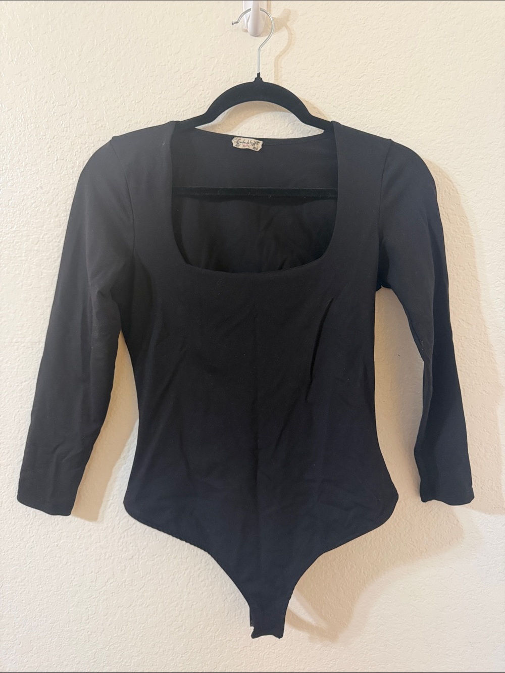 Black 3/4 Sleeve Square-Neck Bodysuit